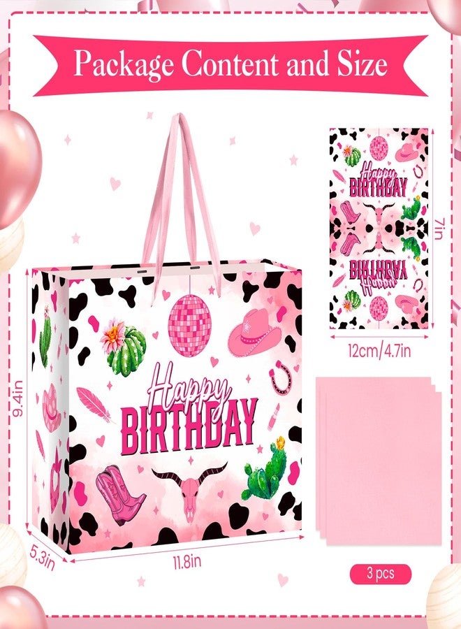 Wayyogh Pink Cowgirl Birthday Gift Bag, Large Western Happy Birthday Wrapping Paper Bags Decorations with Handles Greeting Card Tissue Paper Y2K Disco Wrap Bags for Party Favors Decor Girls Women Supplies - Image 3